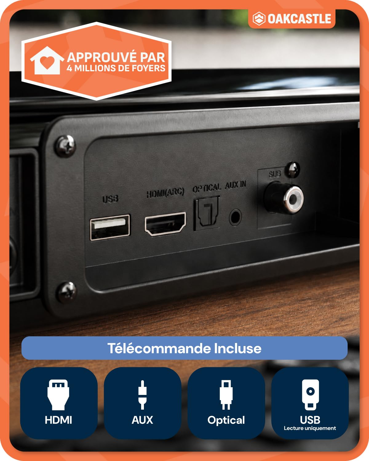 Oakcastle Barre de Son TV 2.1, Soundbar, Caisson de Basses 90W SB40 Xtra | HDMI Arc AUX Optique USB | Télécommande Kit Mural PC Téléviseur