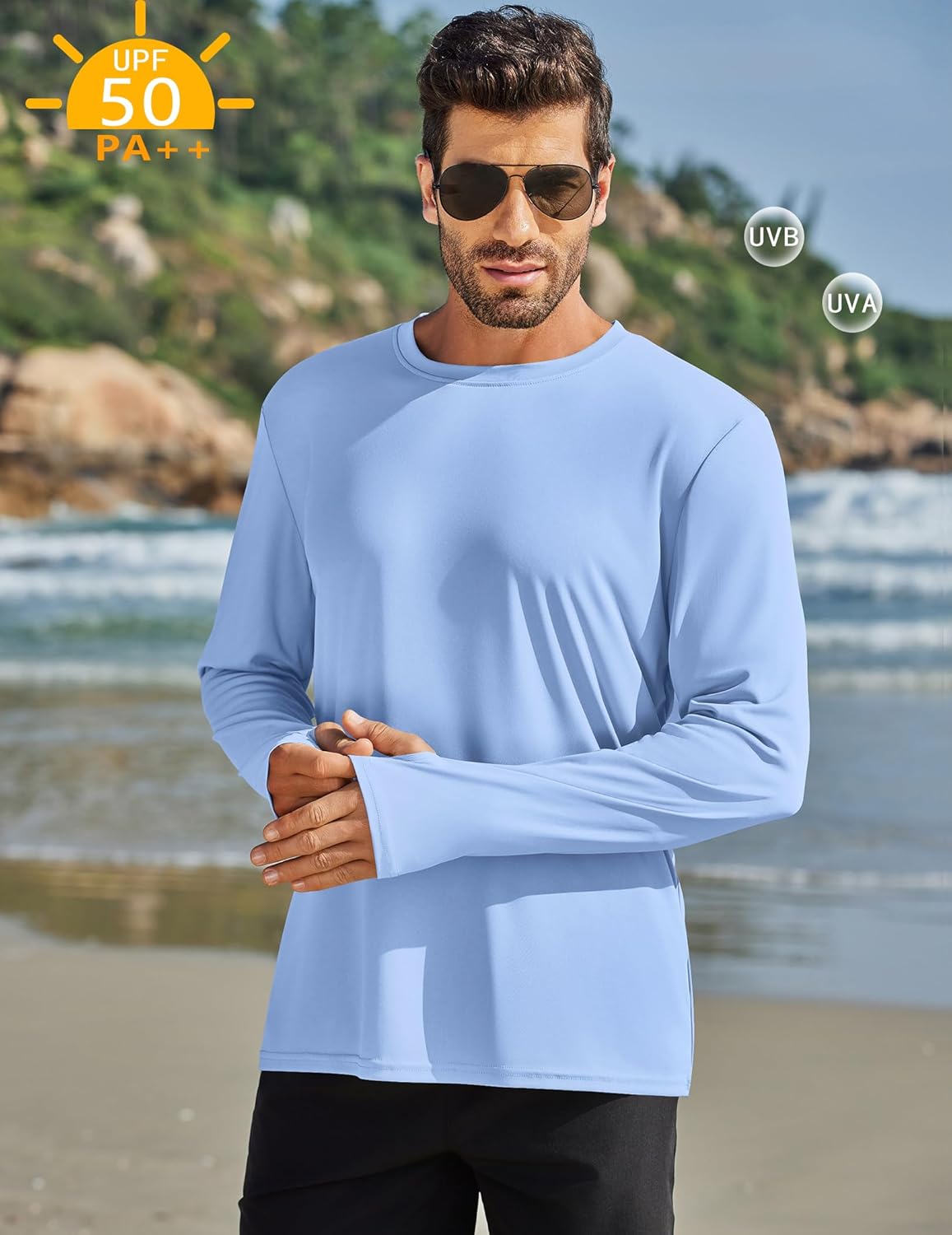PINSPARK 2 Pack Men's Rash Guard Shirts with Thumb Holes Lightweight UPF 50+ Long Sleeve Sun Shirt Quick Dry Swimming Shirts - Image 2