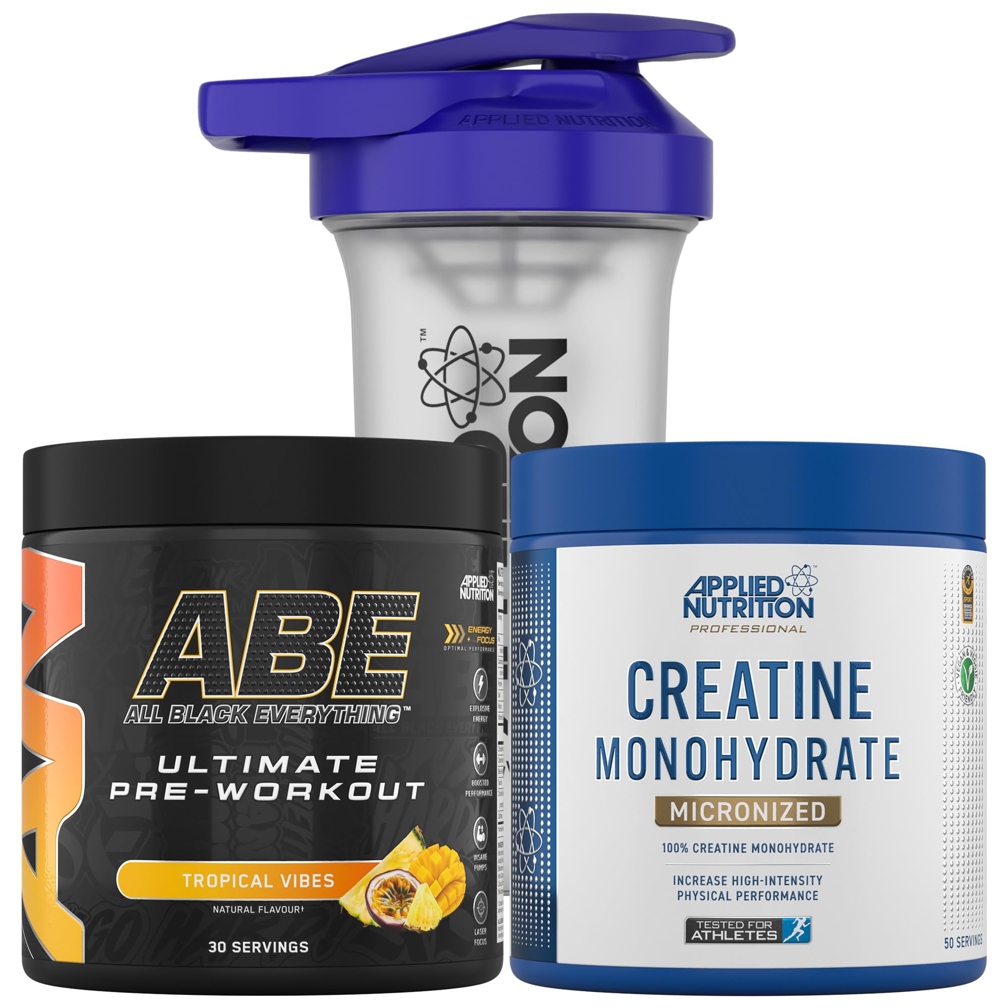 Applied NutritionBundle ABE Pre Workout 375g + Creatine 250g + 700ml Protein Shaker | All Black Everything Pre Workout Powder, Energy & Performance with Creatine, Beta Alanine (Tropical)
