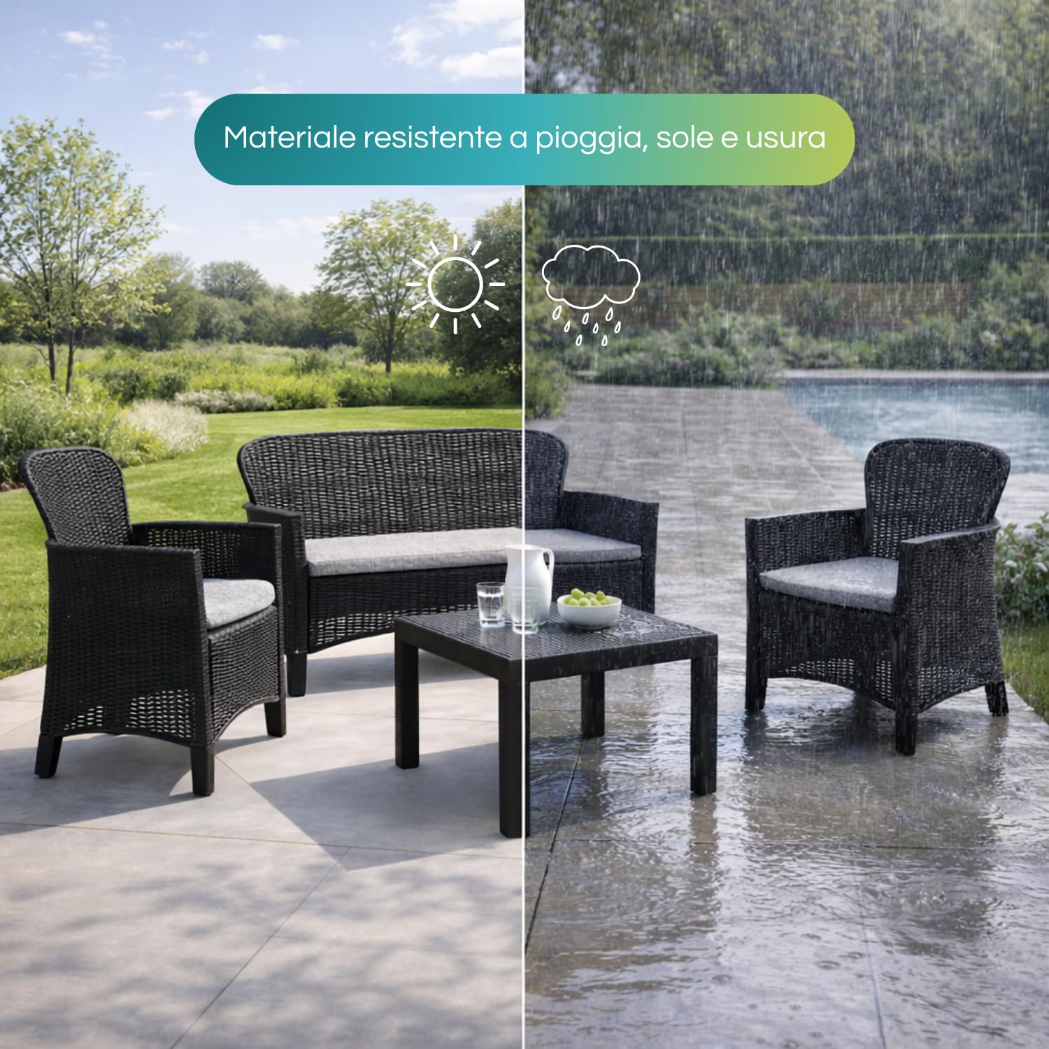 VIRSUS Set Salottino da Giardino per 4 Persone, Composto da: 2 Poltrone, 1 Divano a 2 Posti e 1 Tavolino, Cuscini per comoda Seduta, Design Rattan di colore Antracite, Interno ed Esterno -JUN6043F