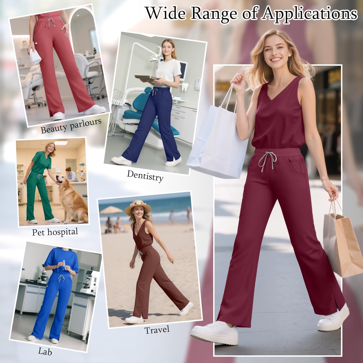 Straight Leg Scrub Pants for Women with 7 Pockets & Drawstring Women's Scrub Pants Mid-Rise Straight Fit Cargo Pants Royal Blue - Image 6