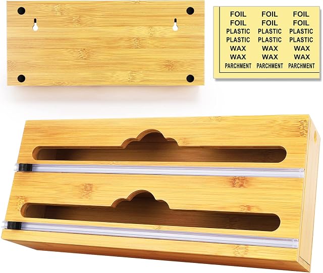 Cling Film Dispenser with Cutter, Compatible with 35cm Rolls, Aluminum Foil and Plastic Wrap Organizer for Drawer,2 in 1 Bamboo Roll Organizer Storage Holder, Wax Parchment Paper Tin Foil Dispenser