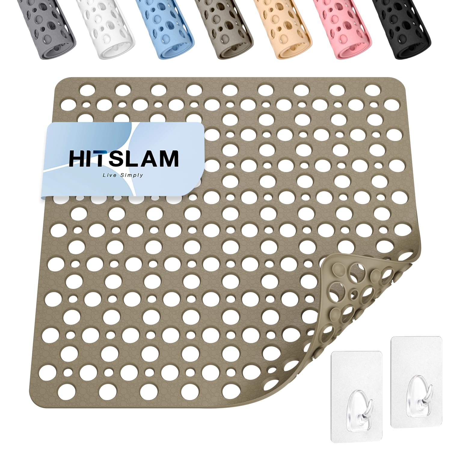 HITSLAM Shower Mat Non Slip, 21x21 Inch TPE Bath Mat, 2 Hooks, Light Brown