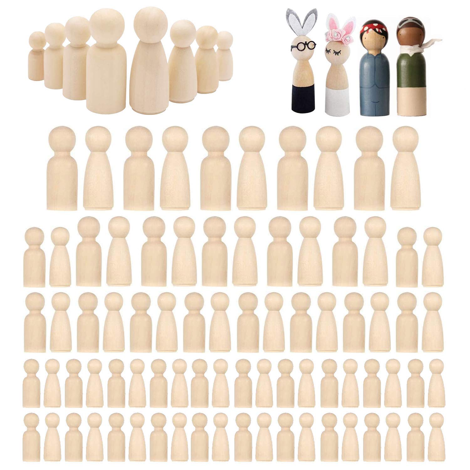 Woohome 80 PCS Wooden Peg Dolls Peg People, Wooden Peg Figures, Natural Unpainted Wood Figures Decorative, 4 Size