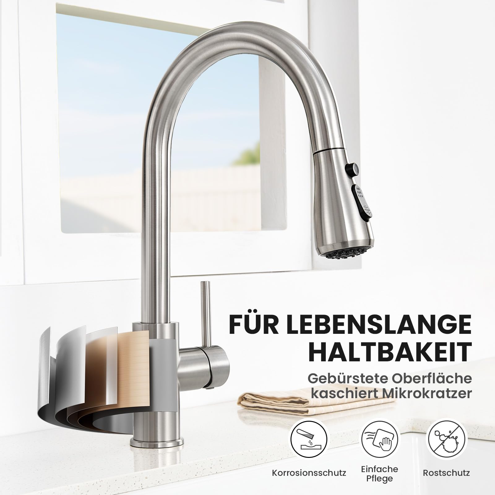 CECIPA Wasserhahn Küche, Hochdruck Küchenarmatur mit ausziehbar Brause, Armatur Küche mit zwei Sprühfunktionen, 360° schwenkbarer, Spültischarmatur mit einfacher Montage, Edelstahl Gebürstet | Mit 3 Wasserstrahlarten, ausziehbarer Brause, 360 Grad schwenk
