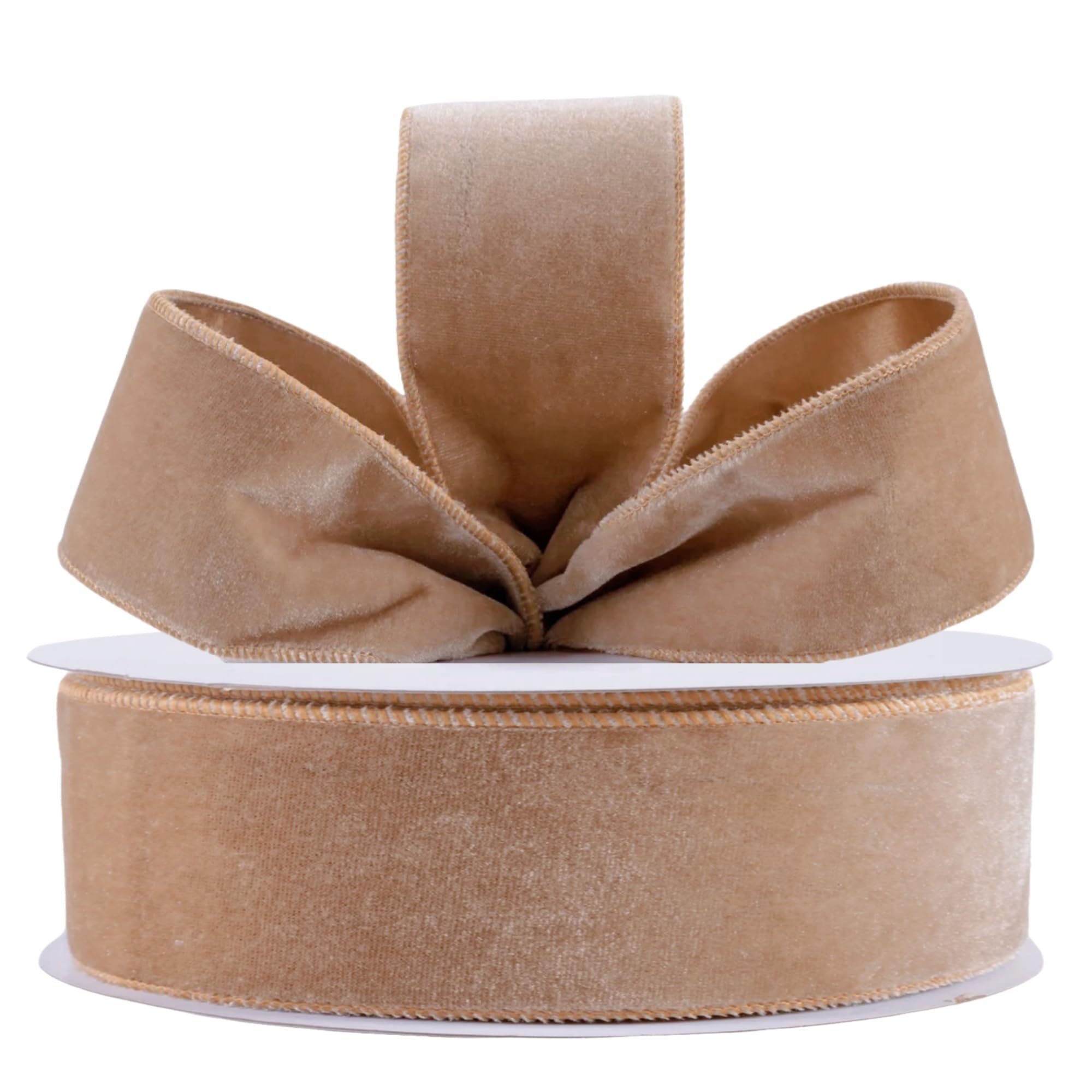 Christmas Velvet Wired Ribbon, Velvet with Satin, 10 Yards, for Gift Wrapping, Tree Decoration, Crafts (Camel, 1-1/2 Inch) — image 1