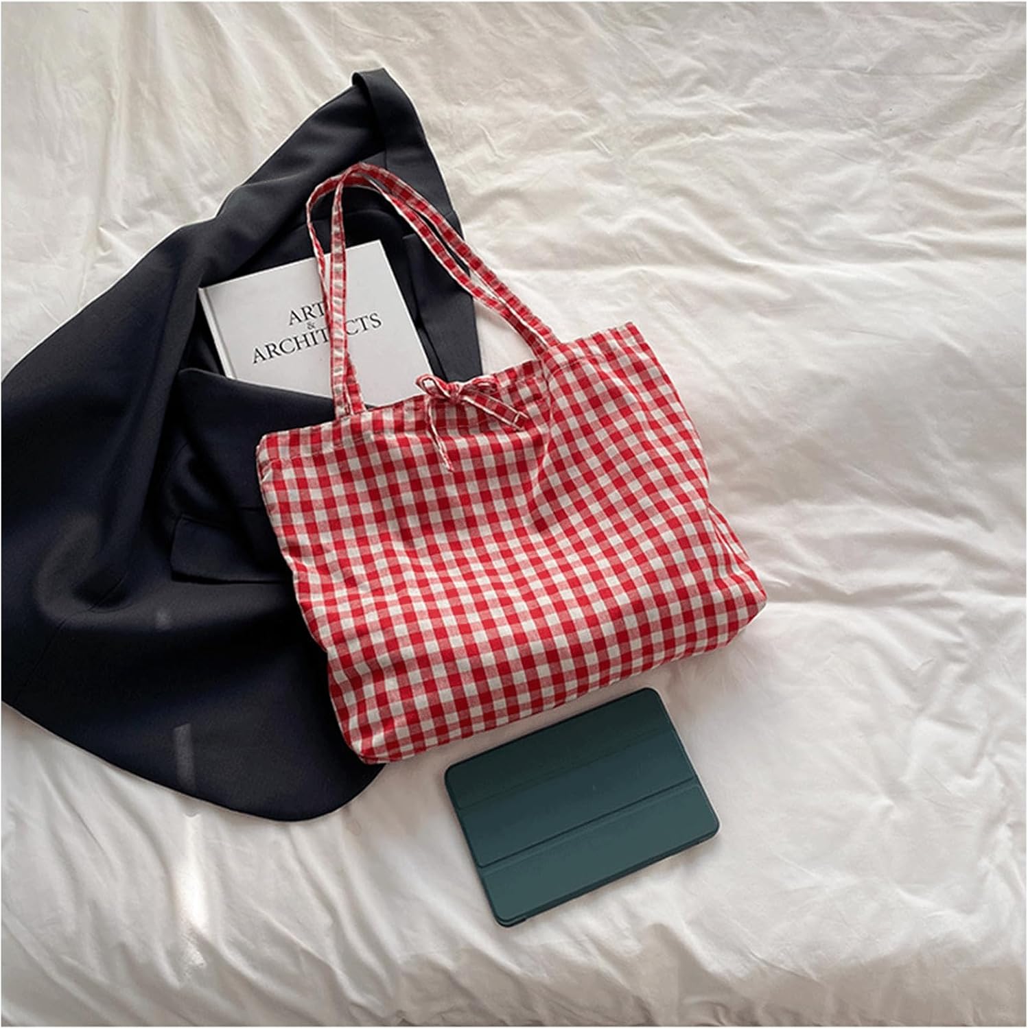 Gingham Tote Bag Vintage Shoulder Tote Lightweight Shoulder Bag Gingham Large Capacity Handbag - Image 5