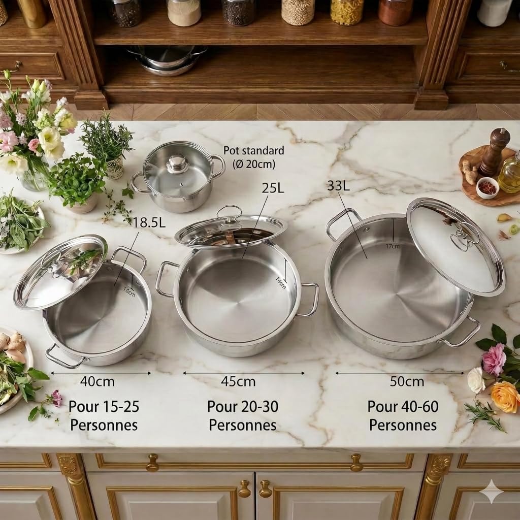 Format XXL - Marmite Basse en Acier Inox 25L - Faitout Professionnel Ø 45 cm avec Couvercle et Graduations Internes(Pour 20-30 Personnes) - Poignées Rivetées - Compatible Tous Feux dont Induction