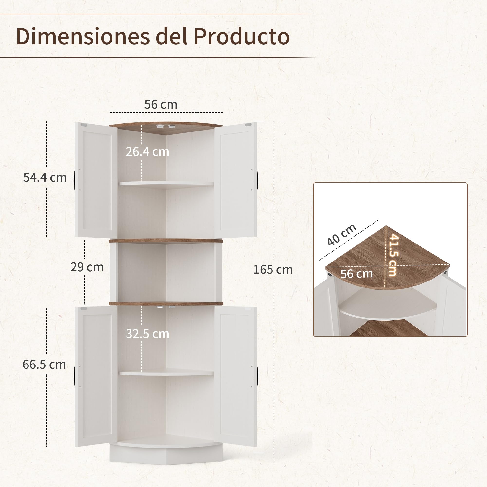 BonVache Armario Esquinero, con Puertas y Estante Ajustable, para Baño, Cocina, Salón, Diseño Rústico Moderno, Blanco