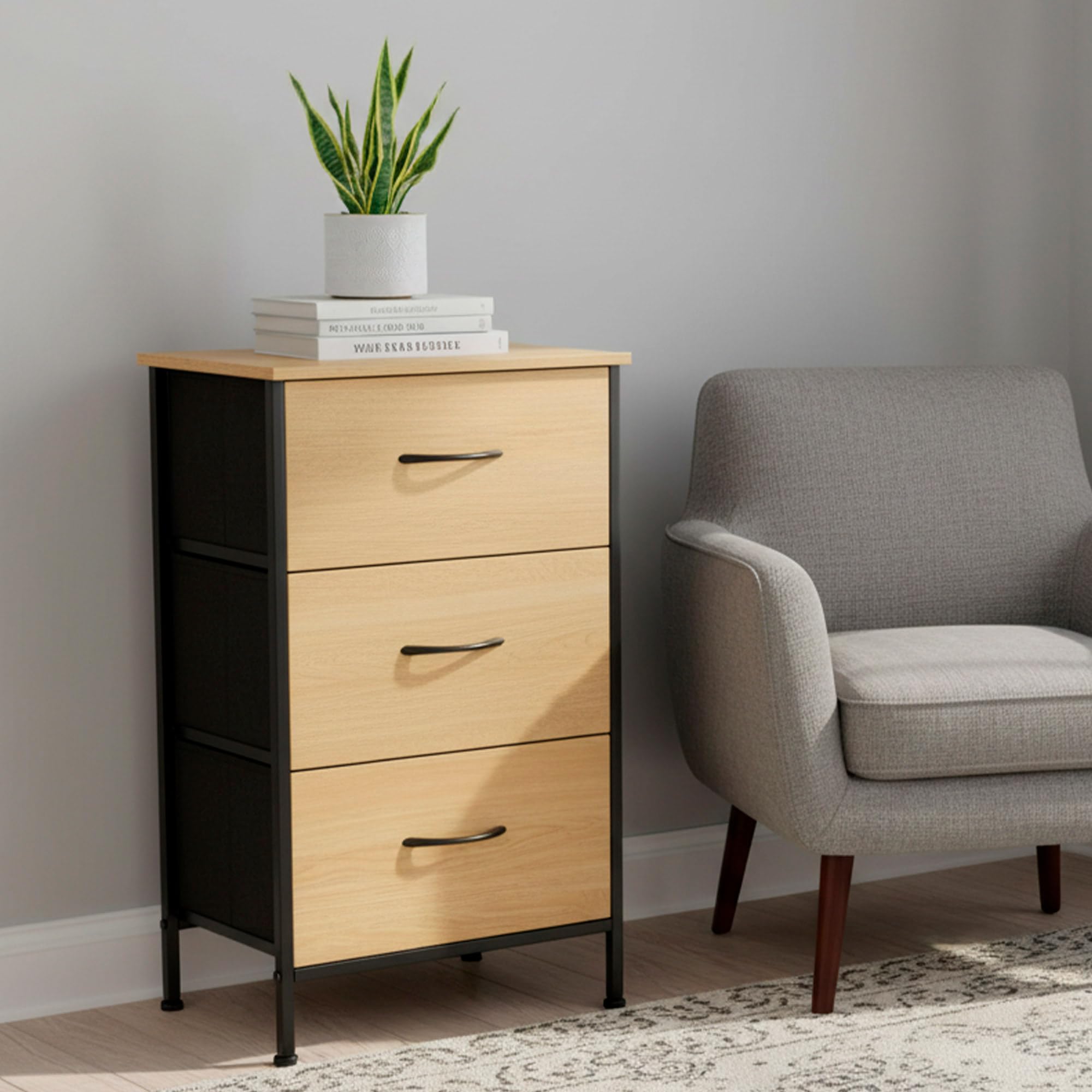 AKTIVE MAX Home Cómoda, 40x30x75 cm, Peso soportado 14 kg, 3 cajones, Madera y Tela, Estructura metálica, Efecto Roble, Cajonera Dormitorio, Muebles de salón (18444)