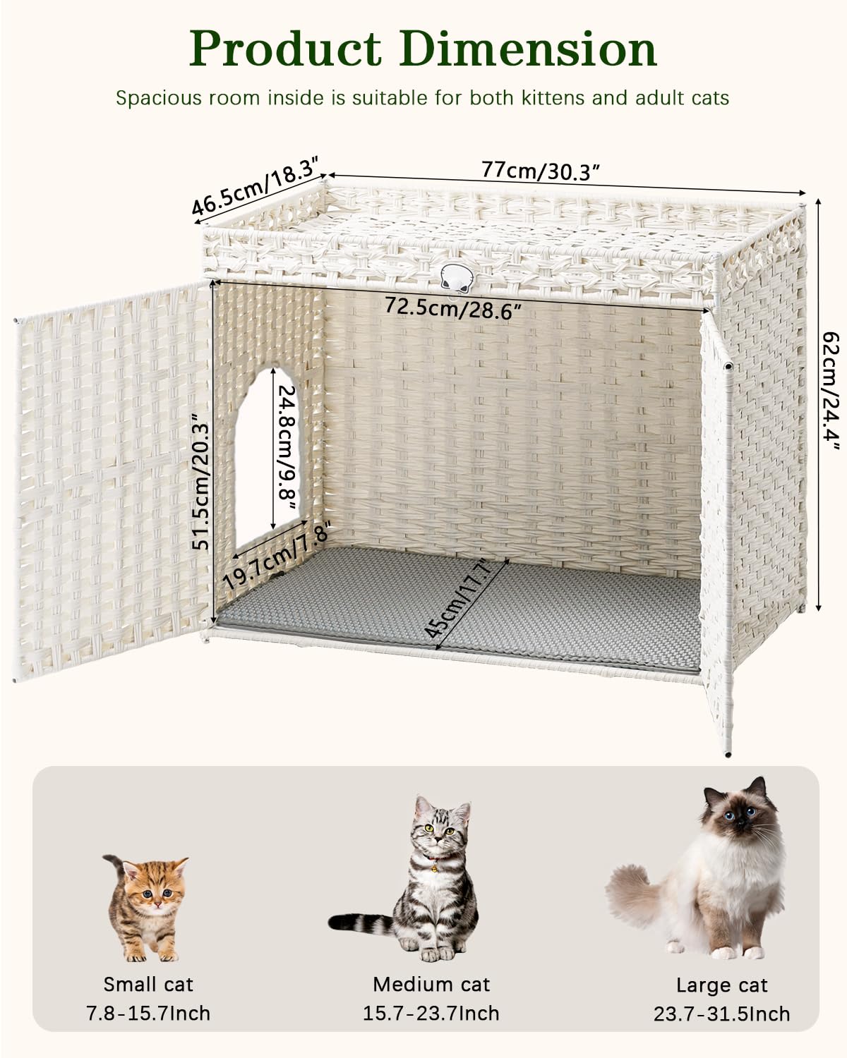 Cat Litter Box Enclosure Furniture, Handwoven Rattan Hidden Litter Box with Mat, Large Space Cat House with 2 S-Shaped Hooks 30.3 x 18.3 x 24.4 Inches, Indoor for Living Room Apartment White - image 5