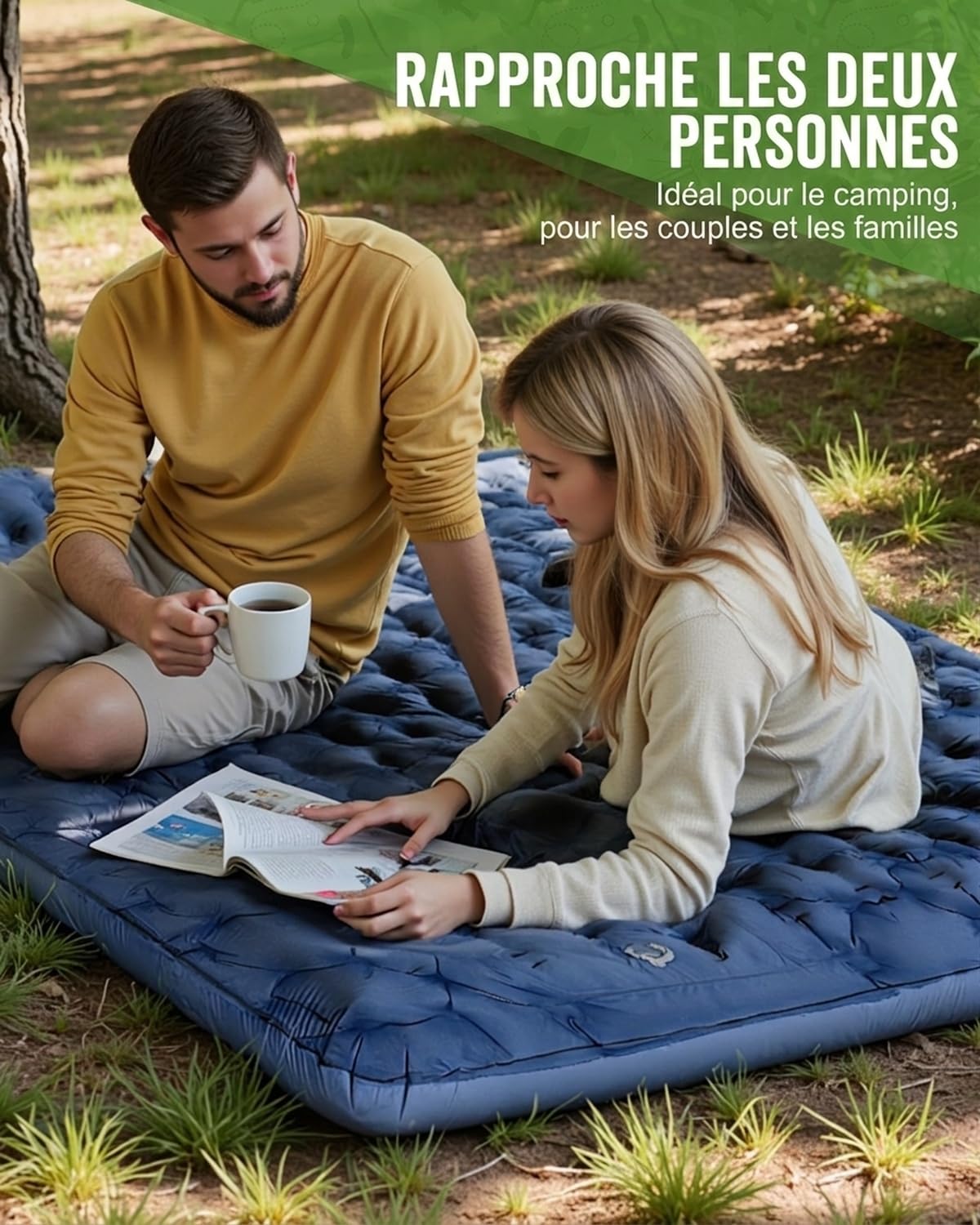 Matelas Gonflable 2 Personnes Camping Autogonflant avec Pompe à Pied et Oreillers Intégrés Imperméable Compact Bleu Marine