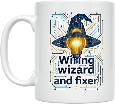 Electrician Coffee Mug - Wiring Wizard and Fixer Design - 11 oz White Ceramic - Technical Aesthetic Style