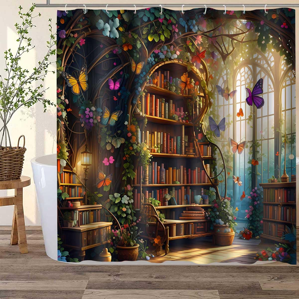 Fantasy Library Shower Curtain - Greenhouse Plant Flower Butterfly Bookshelf Design, 72x72 Inches With 12 Hooks