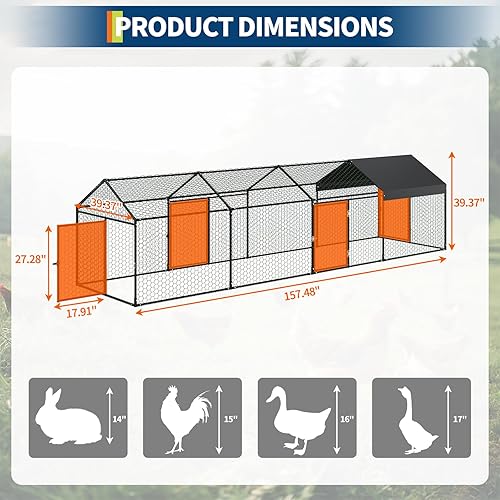 Miniatura 7 de Gallinero de metal, 160 x 40 x 40 pulgadas, corrido de pollo grande con 4 puertas, corral de pollo para patio con cubierta impermeable y anti-UV