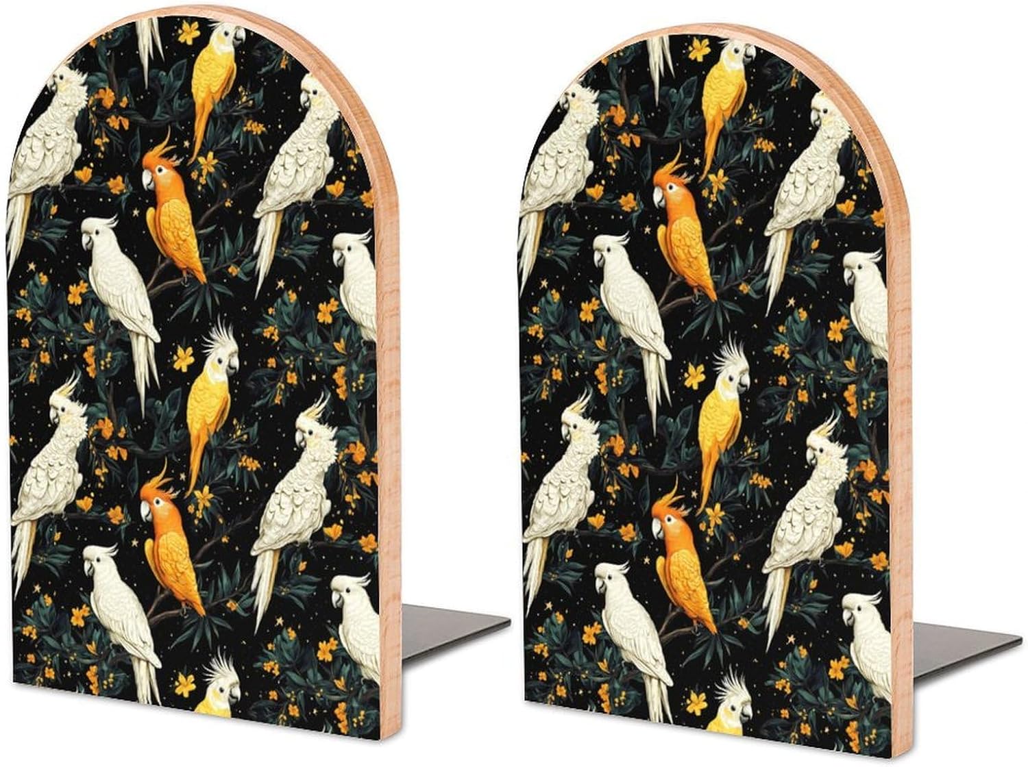 Colorful Cockatoos and Parrots Birds Cute Wood Book Ends Decorative Bookends 1 Pair Non-Skid for Shelves Home Office 7 X 5 Inch
