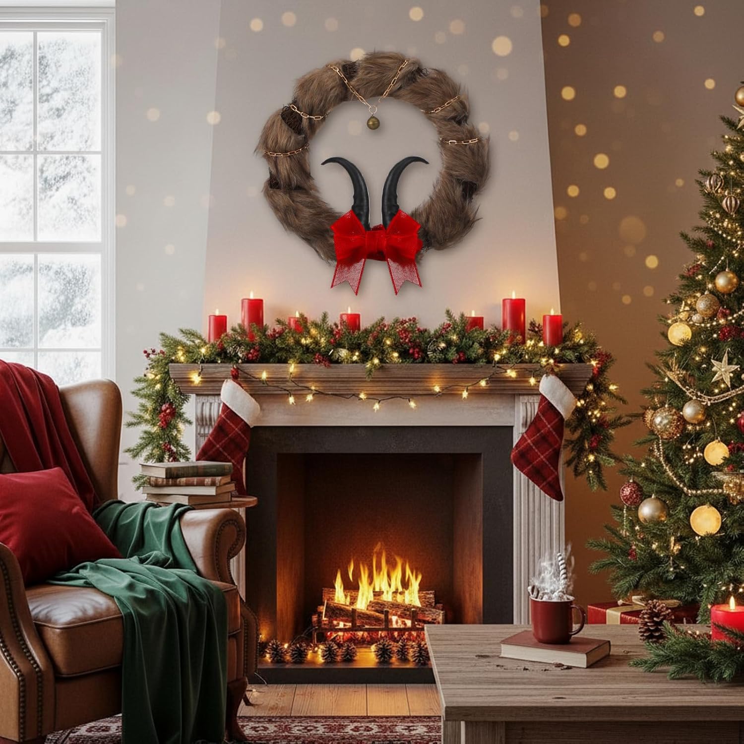 Yunlly 12 Inch Christmas Krampus Wreath Christmas Wreaths for Front Door Scary Horror Krampus Decorations with Horns Faux Fur Red Bow Bells Gothic Holiday Decor for Halloween Xmas Krampusnacht Party