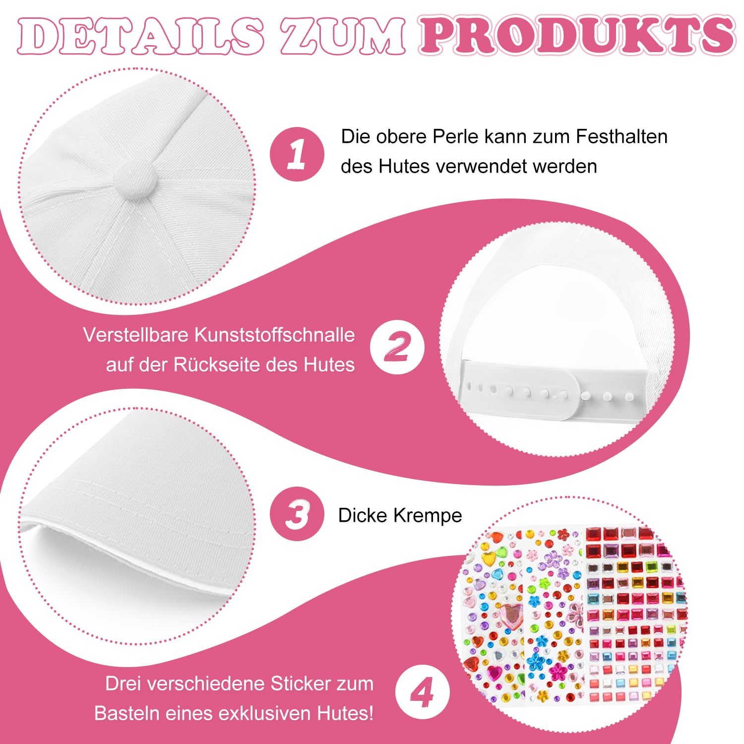 Voarge 6 Stück Kinder Kappen zum Bemalen,DIY Baseballkappe,Baseballcap Anstrich Hut Mütze Kinder Baseballmütze mit 3 Pcs Edelstein Aufklebern