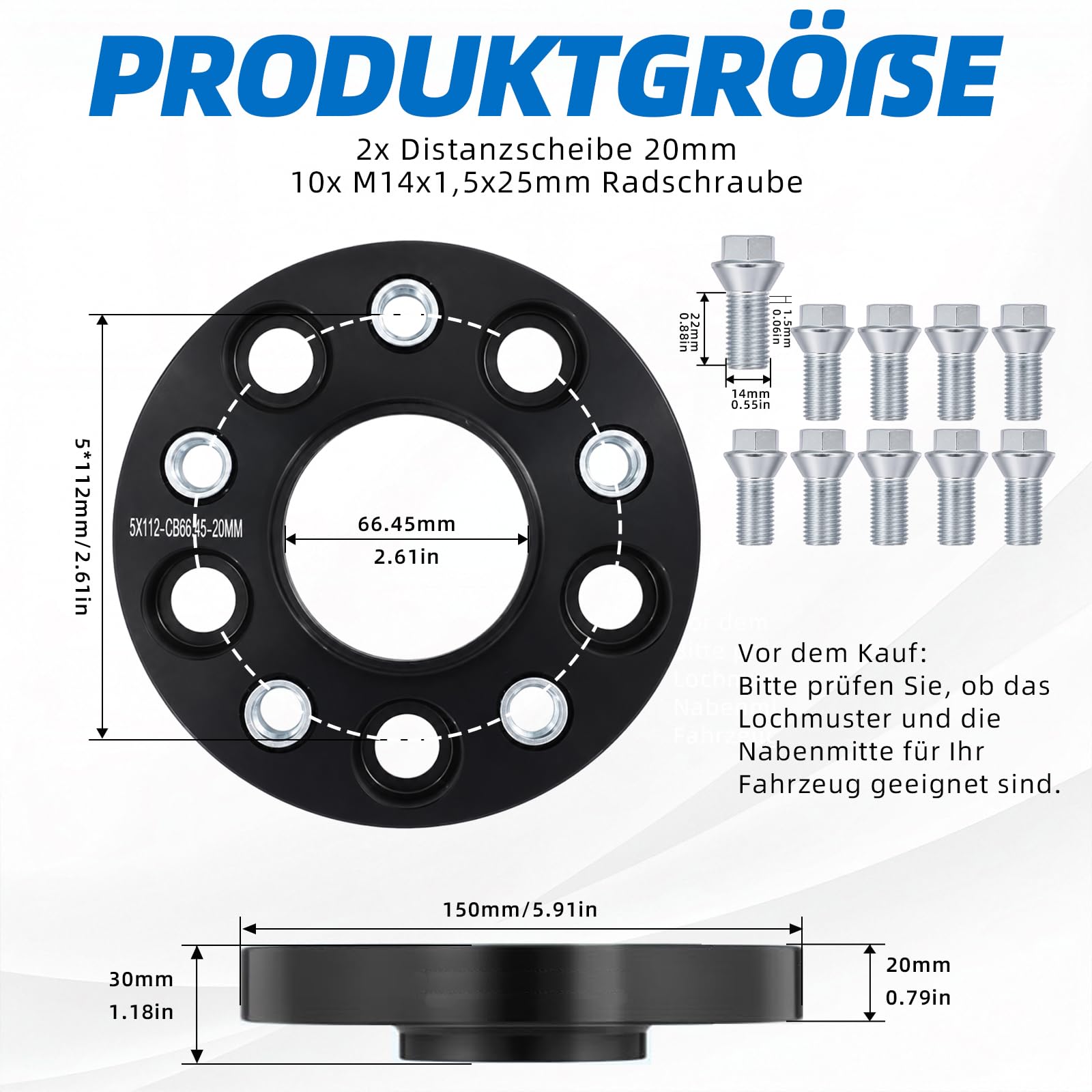 Spurverbreiterung 5x112 40mm 2x20mm NLB:66.45 für Mercedes | M14x1,5 Kegelbund 60°, 10 Schrauben, 6061 Alu, geschmiedet, CNC, schwarz, korrosionsfest