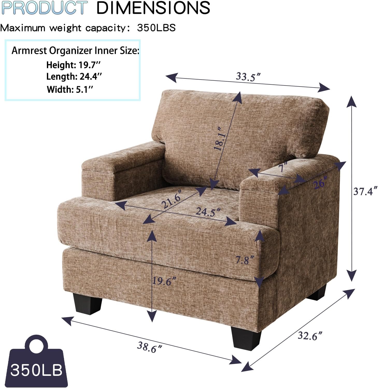 Rexulqo Oversized Accent Chair with Armrest Organizer,Comfy Living Room Chairs with 7.8'' Cushion,Upholstered Mid-Century Armchair,Large Reading Chair for Bedroom Living Room,Office,Chenille,Brown