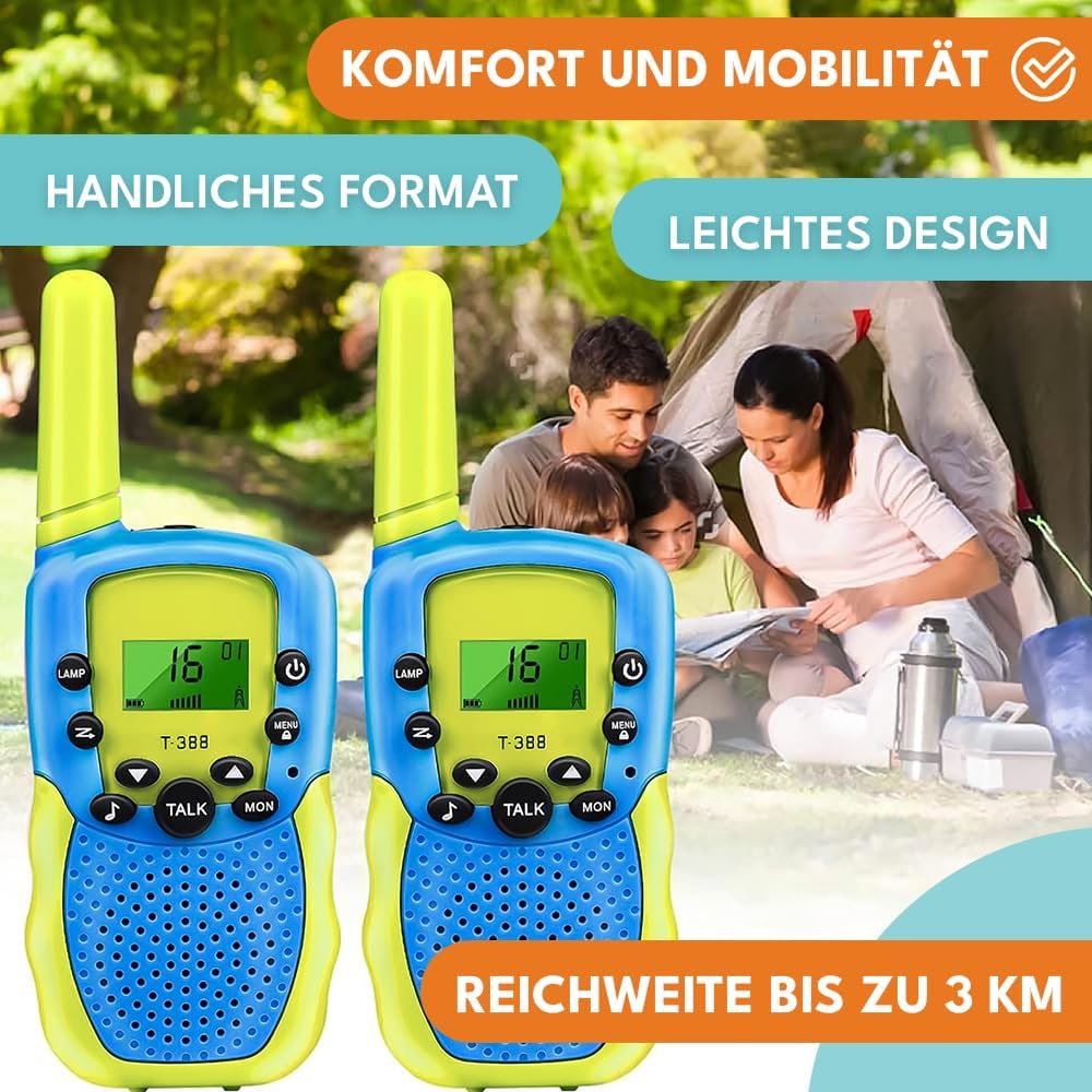 KRUMAD Walkie Talkie dla dzieci zestaw 2 sztuk zasięg do 3 km 22 kanały podświetlany ekran LCD latarka LED lekka i wytrzymała konstrukcja idealne jako prezent dla chłopców i dziewczynek