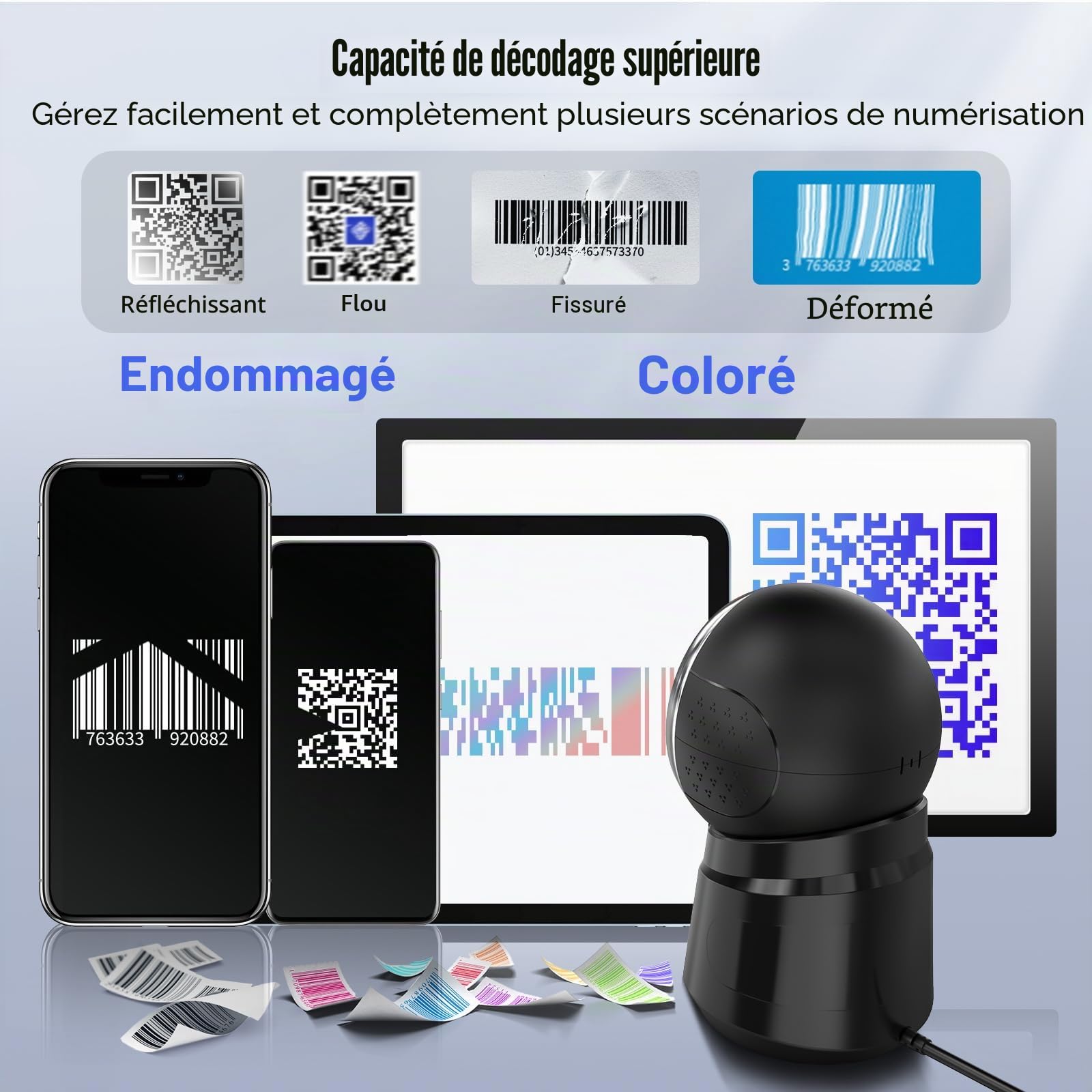 Tera Scanner de Codes-Barres Omnidirectionnel 1D 2D QR Mains Libres USB Filaire Tête de Numérisation Réglable Model 9000