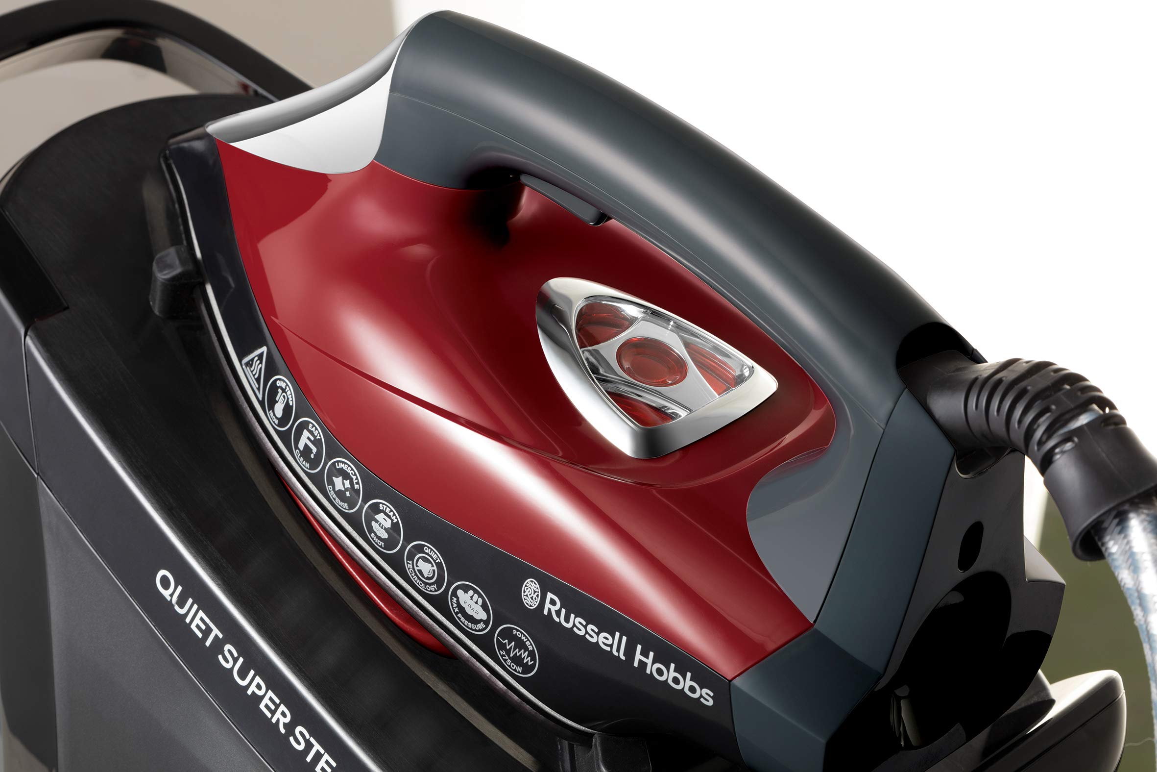 Russell Hobbs Centro de Planchado Quiet Super Steam Pro - 2750 W, Suela Cerámica, Tecnología One Temperature, Presión 8 Bares, Depósito 1,8L, Antical, Vapor Generado 315 g, Negro y Rojo - 24460-56