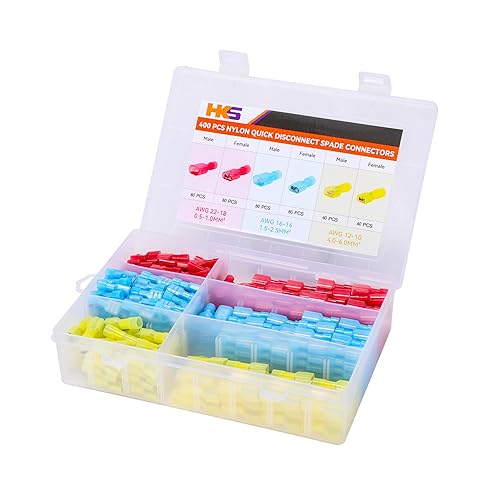 Miniatura 45 de HKS Conector de desconexión rápida de pala hembra de nailon, 100 unidades, color amarillo, kit de conectores de cable eléctrico de 12-10 AWG, cobre