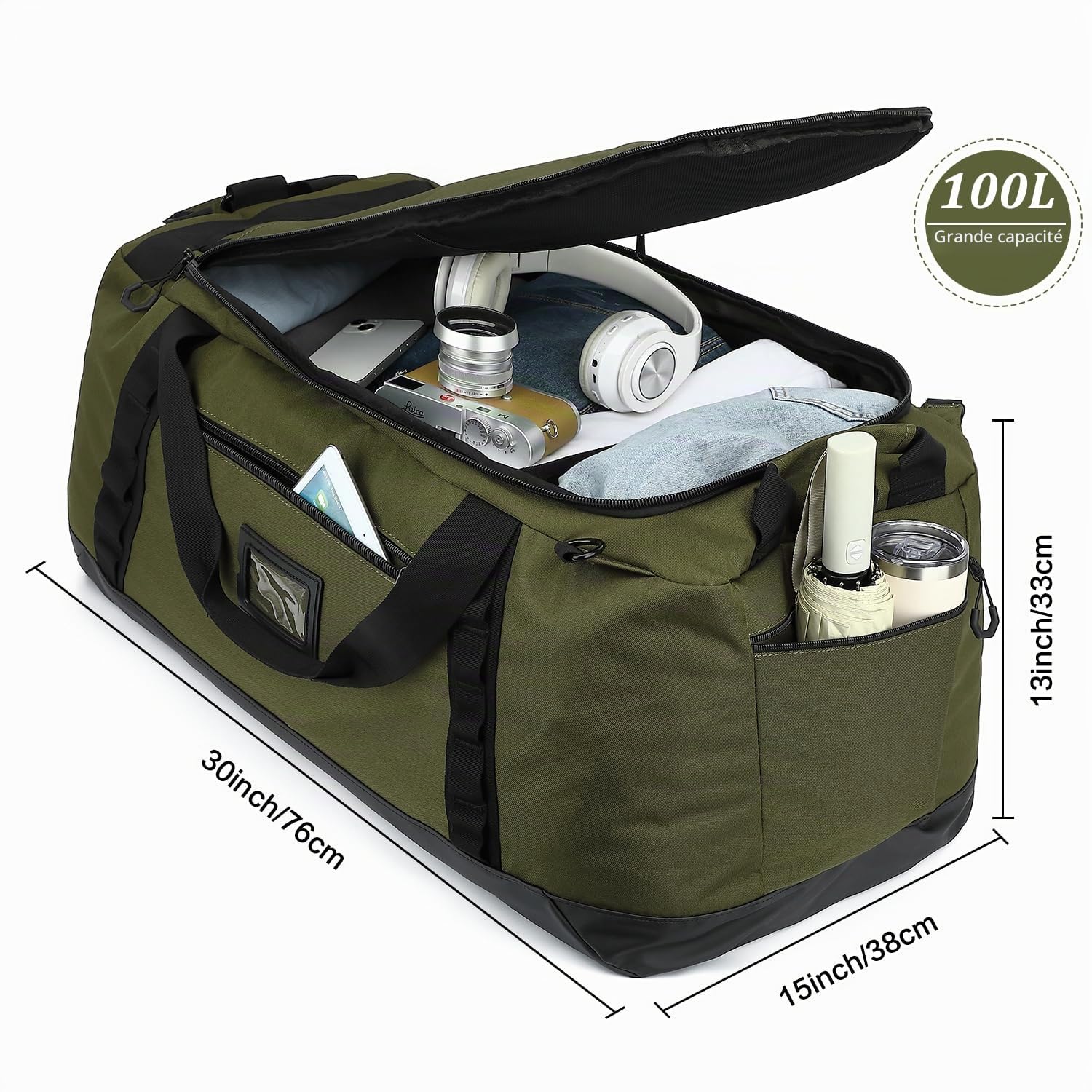 TUGUAN Grande Sac de Voyage Homme 100L XL Sac de Sport Femme 3 en 1 Sac à Dos, Sac à Main & Bandoulière Imperméable pour Randonnée Camping Voyage, Vert
