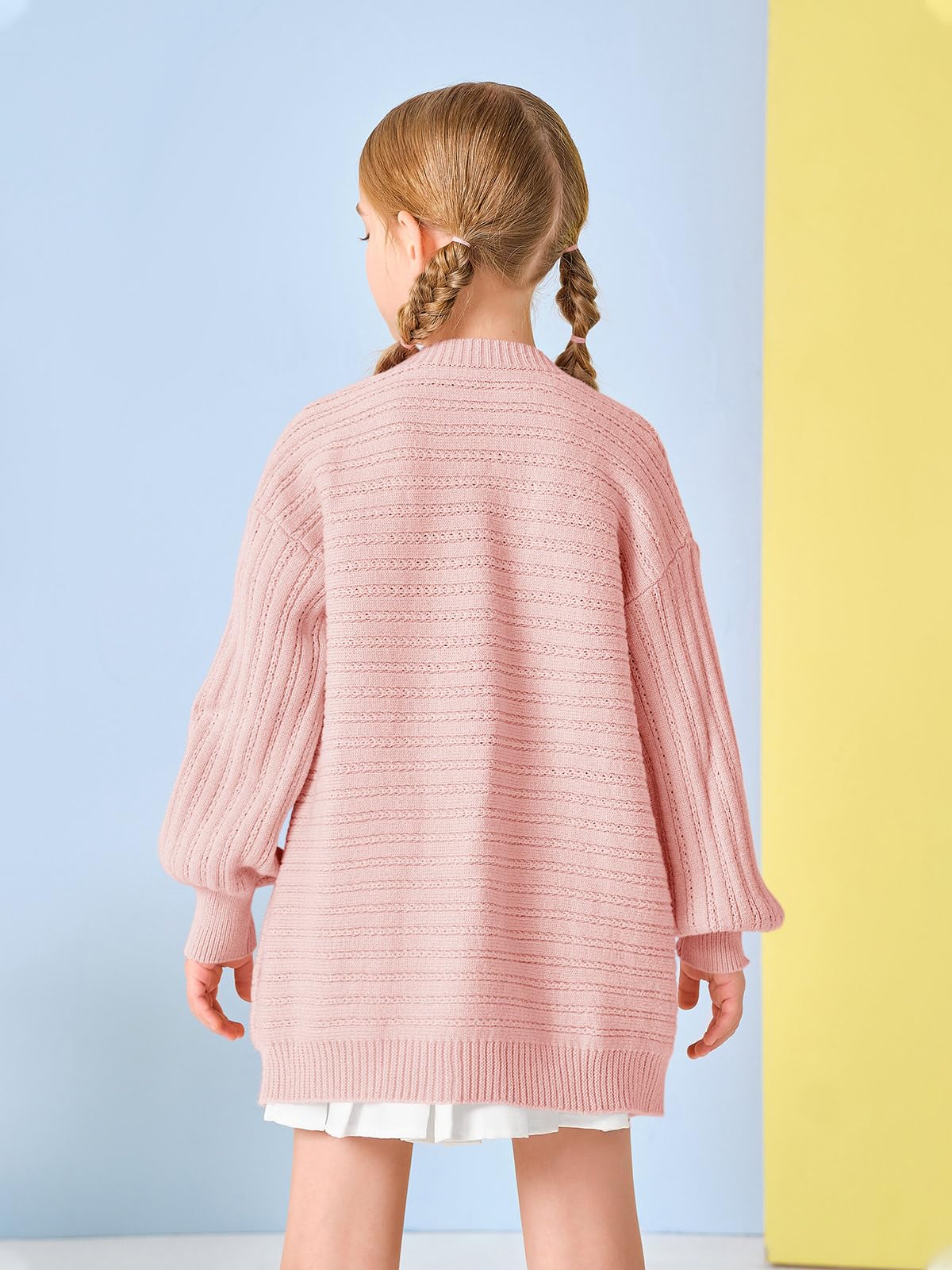 Haloumoning Cardigan per bambine e ragazze, aperto sul davanti, a maniche lunghe, lavorato a maglia, con tasche, 5-14 anni