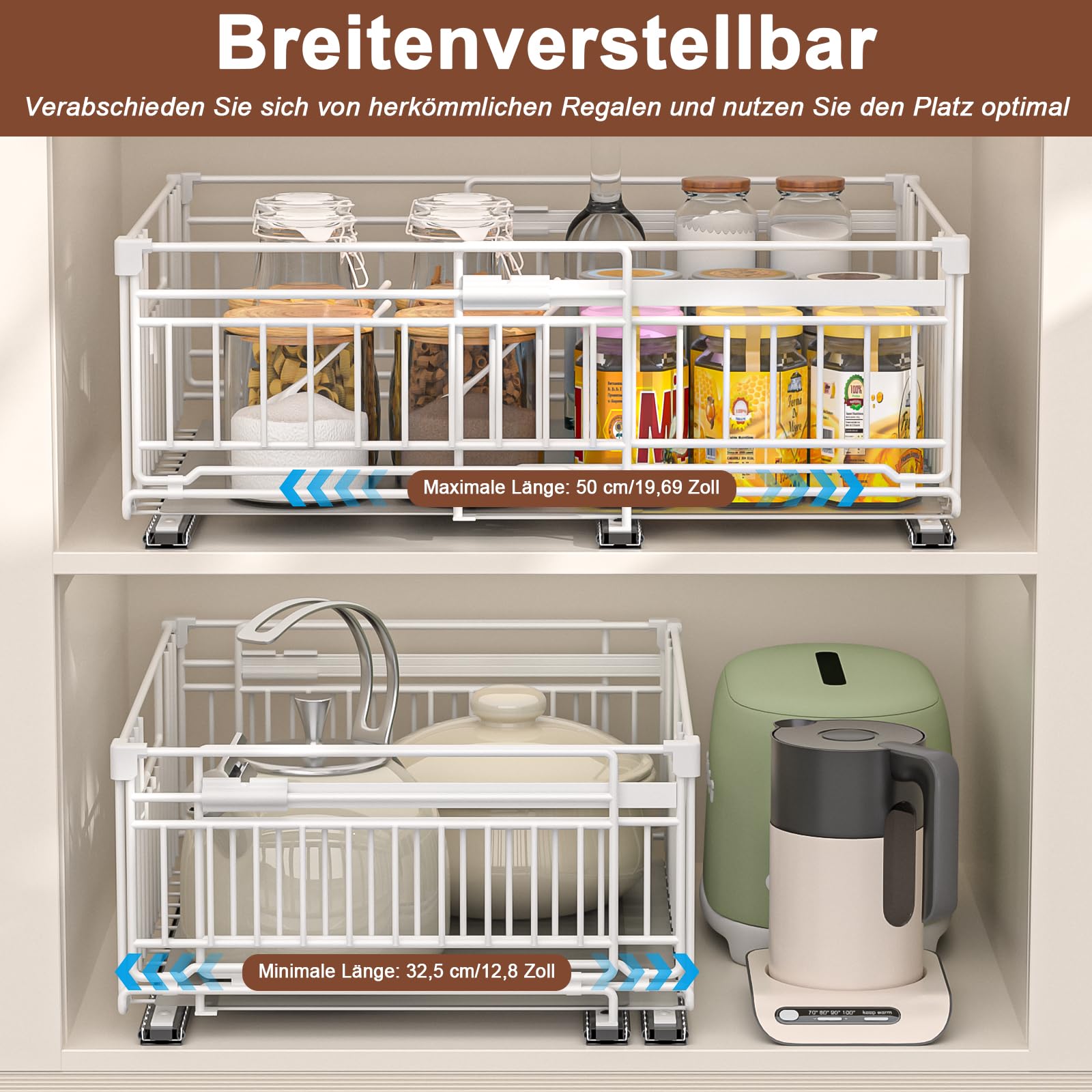 2 Stück teleskopschublade ausziehbare schublade küche mit Kleber,Ausziehbarer Schrank Organizer mit Schienensystem,32.5-50cm Verstellbare Breite teleskopschublade,Weiß
