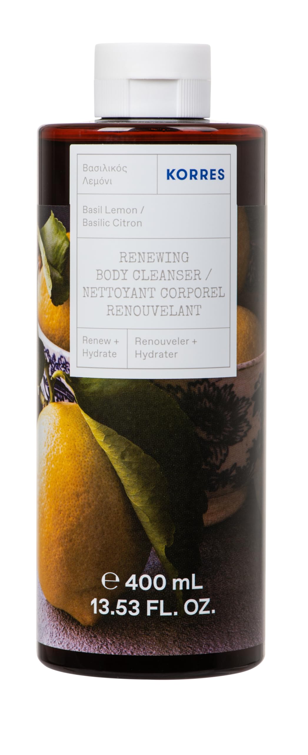 Korres Basil Lemon Revitalising Shower Gel, Dermatologically Tested, with Active Aloe Vera, Citric Fragrance, Silicone and Paraben Free, in XL 400ml Format, Vegan