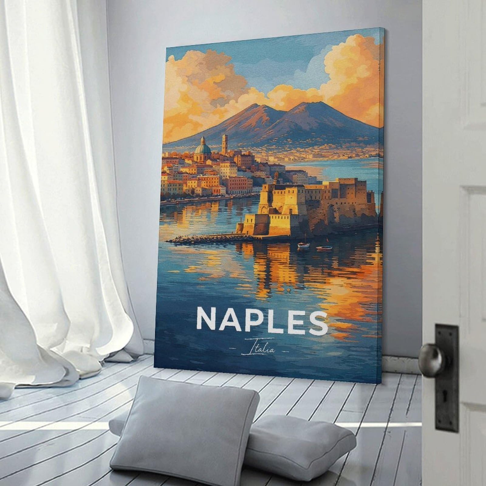 Junmoney Wall Picture Print Naples Italy Cityscape with Mount Vesuvius, 20x30inch(50x75cm), for Wall Displays, Bedrooms Or Room Updates, Wall Decor Suited to Curated Displays