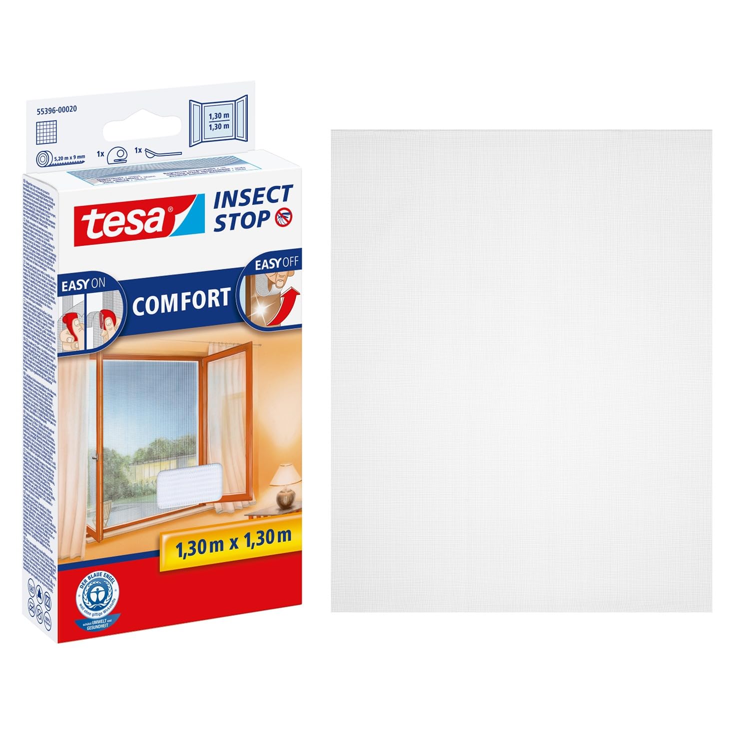 tesa Insect Stop COMFORT for Windows - Window Screen with Self-Adhesive Hook & Loop - Insect Mesh - in White, 130 cm x 130 cm