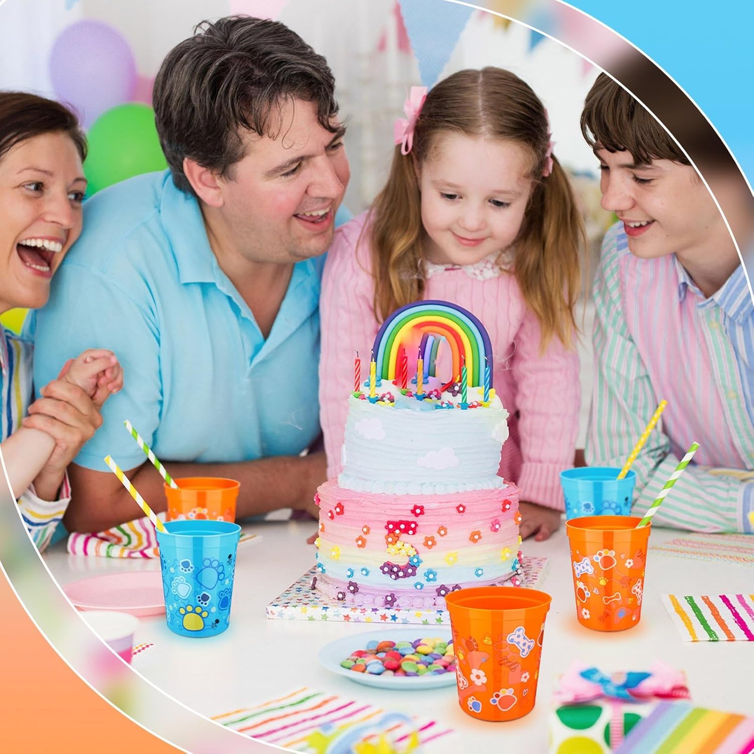 Qinyoung 24 Pcs Blue Dog Birthday Party Supplies 16 oz Plastic Cups Reusable Dog Paw Themed Cups for Birthday Decorations Easter Party Favors for Smoothie, Juice(Blue Orange) - Image 7