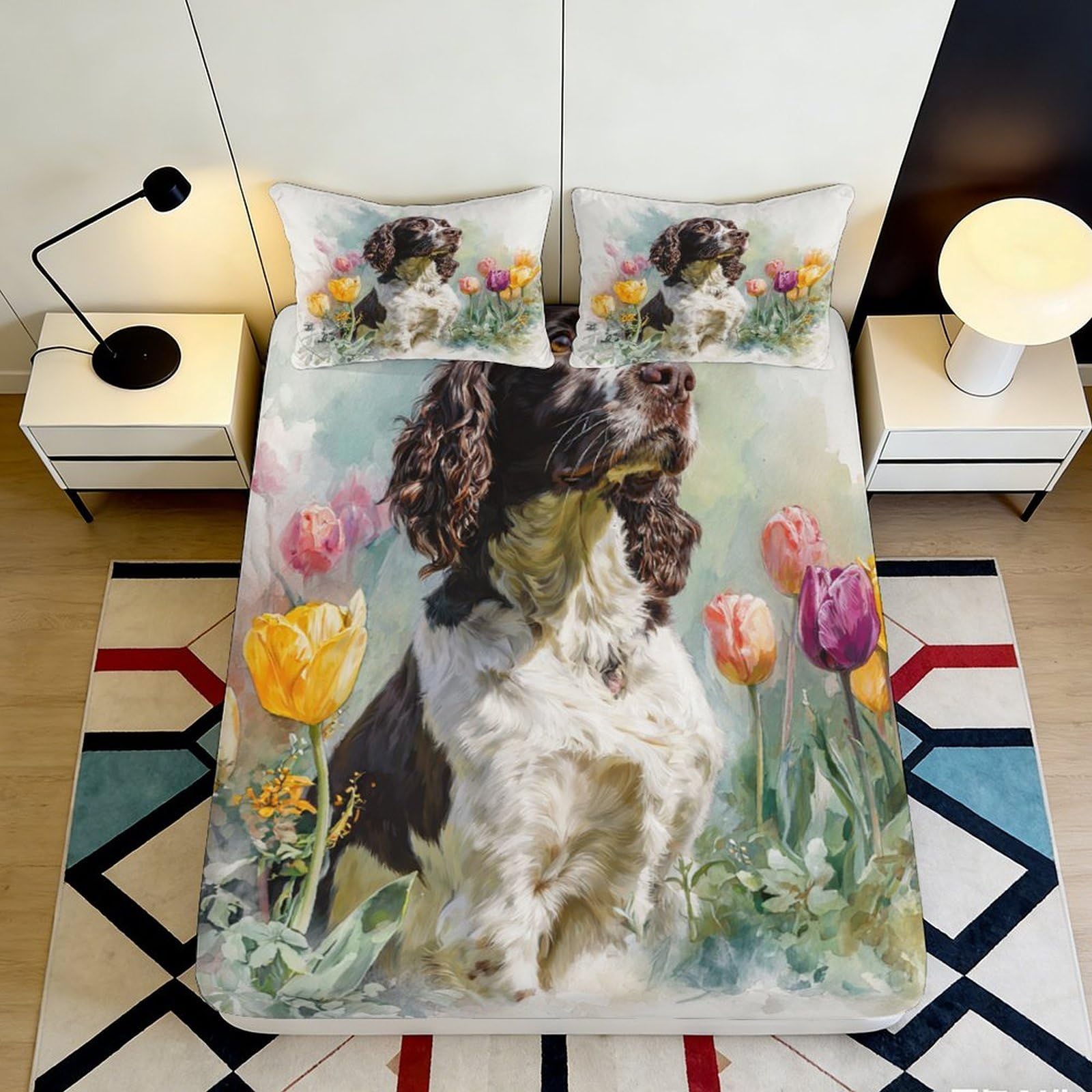 Decorative 3D Printed Fitted Sheet with dog and tulip pattern, Microfiber soft touch, wrinkle resistant, guest room bedding, easy care 90x200x25cm