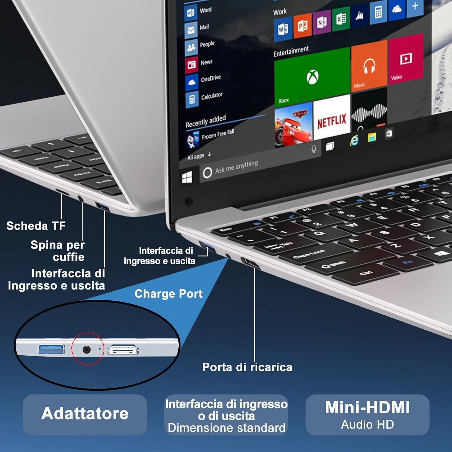 bvate PC Portatile 14 Pollici Laptop Win 11 256 GB ROM Celeron N4020 2.4G+5G WiFi upto 2.8 GHz Supporta l'espansione SSD 1TB 4.2 USB HDMI Tastiera Italiana Membrana Mouse Senza Fili-Sliver-U