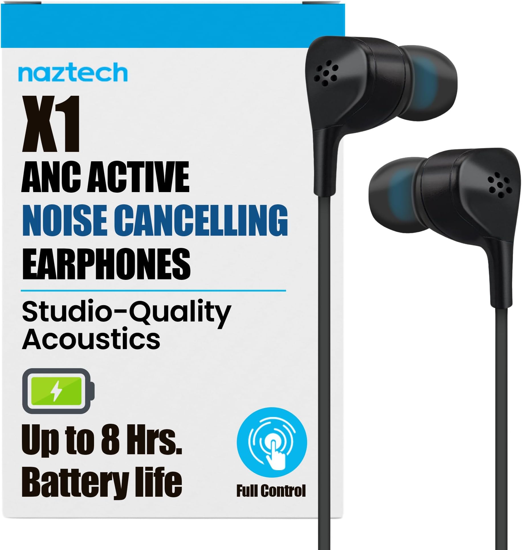 Naztech X1 ANC Earbuds Active Noise Cancelling Earbuds Wired, Travel Case & Airline Adapter, Compatible For iPhone 14/13/12/11 /Pro /Pro Max, Galaxy S23/S22/S21, Ear Buds for Airplane Travel Black