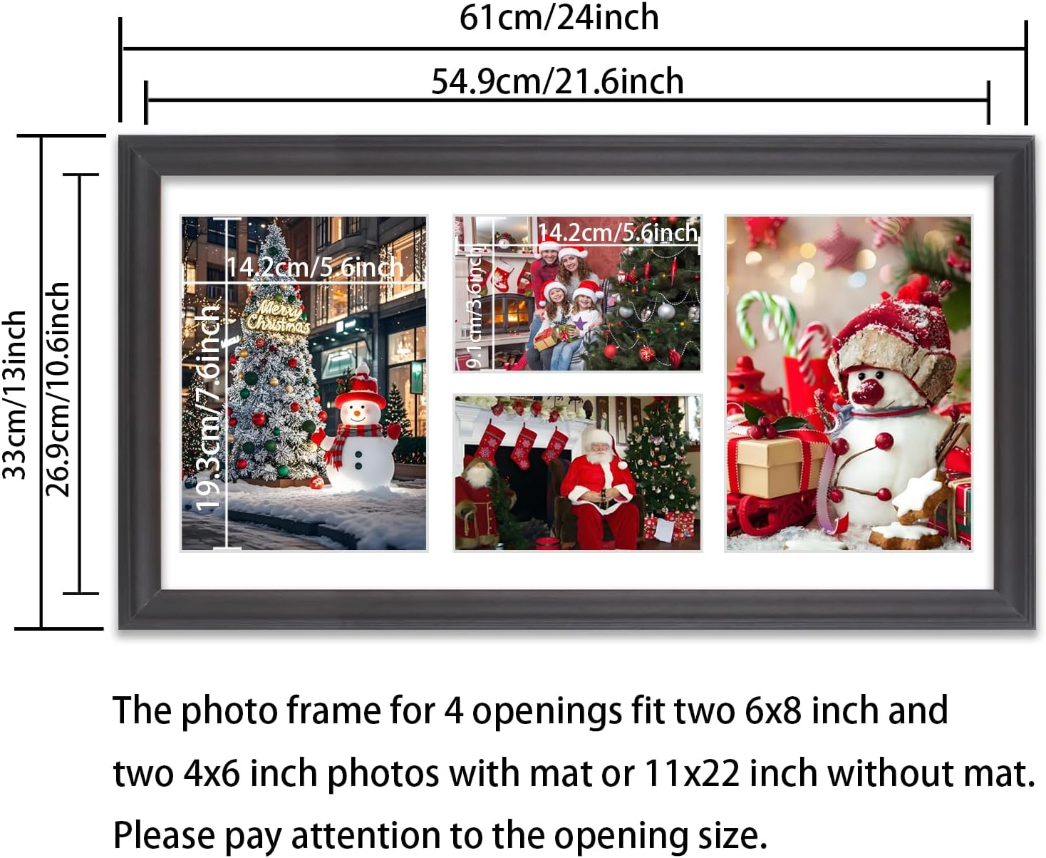 LTYHHK 11x22 Collage Photo Frame Fit Two 4x6 and Two 6x8 Photos with Mat or 11x22 Inch without Mat,Black Solid Wood Frame with White Mat Multi-Photo Collage Photo Frame (L23B1122P4-46)