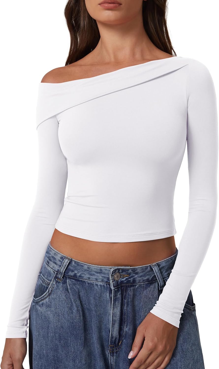 QINSEN Women Long Sleeve Off Shoulder Tops Trendy Double Lined Going Out Shirt for Fall