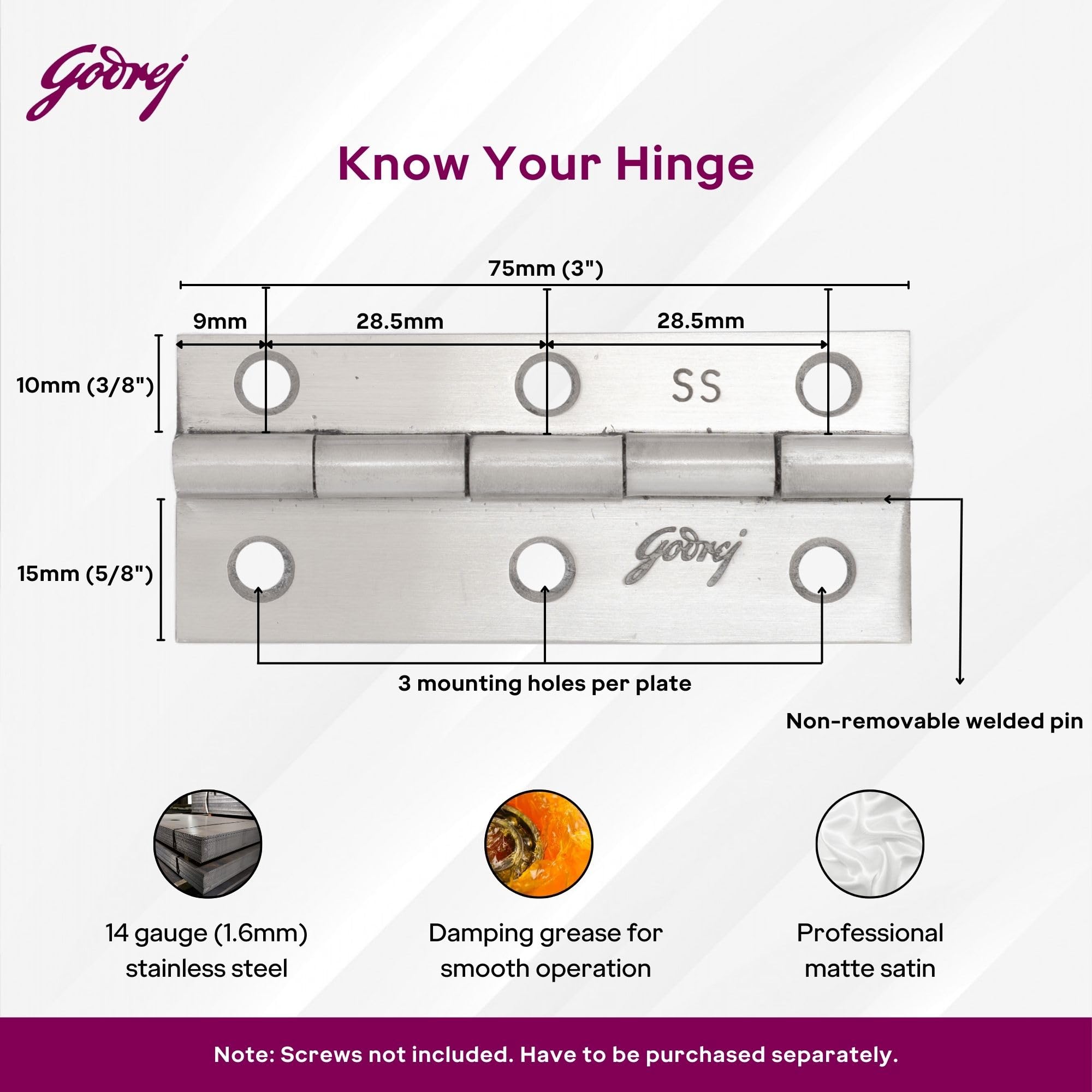 Godrej Door Fitting I 3 Inch x 14 Gauge Door Hinges (9 Pcs) | Main Door, Windows, Bathroom of Home, Office, Hotel I Kabja for Door, 1.6mm Thickness | Premium Look, Satin Finish — Amazon image 5