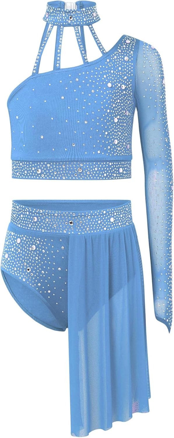 Kids Girls Ballet Dance Outfits Glittery Rhinestone Crop Top with Skirted Leotard 2-Piece Lyrical Dancewear