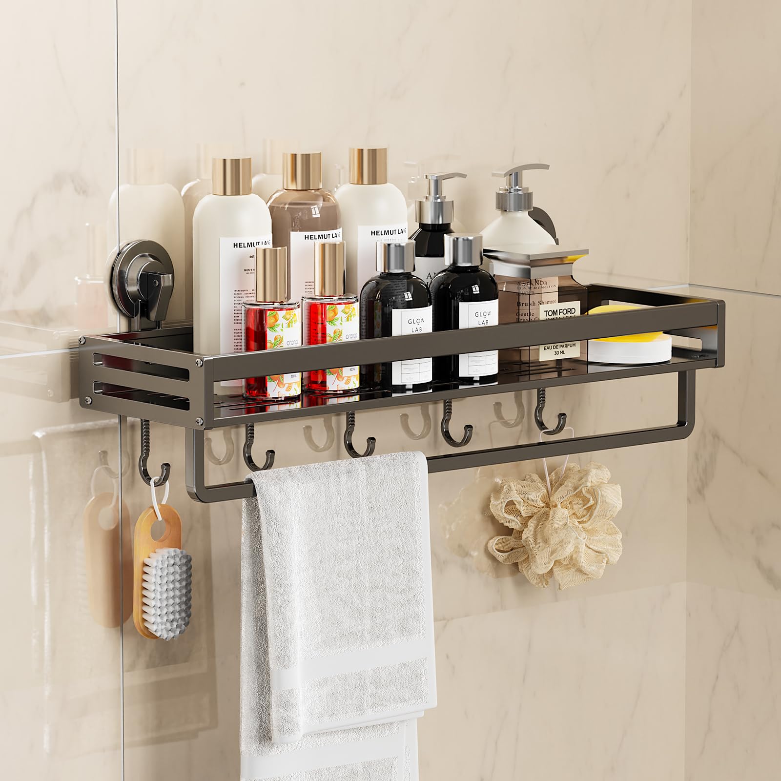 CIBOTIES Shower Caddy Suction Cup 11 8 inch Suction Shower Shelf with Hooks NO-Drilling Bathroom Holder Rustproof Bathroom