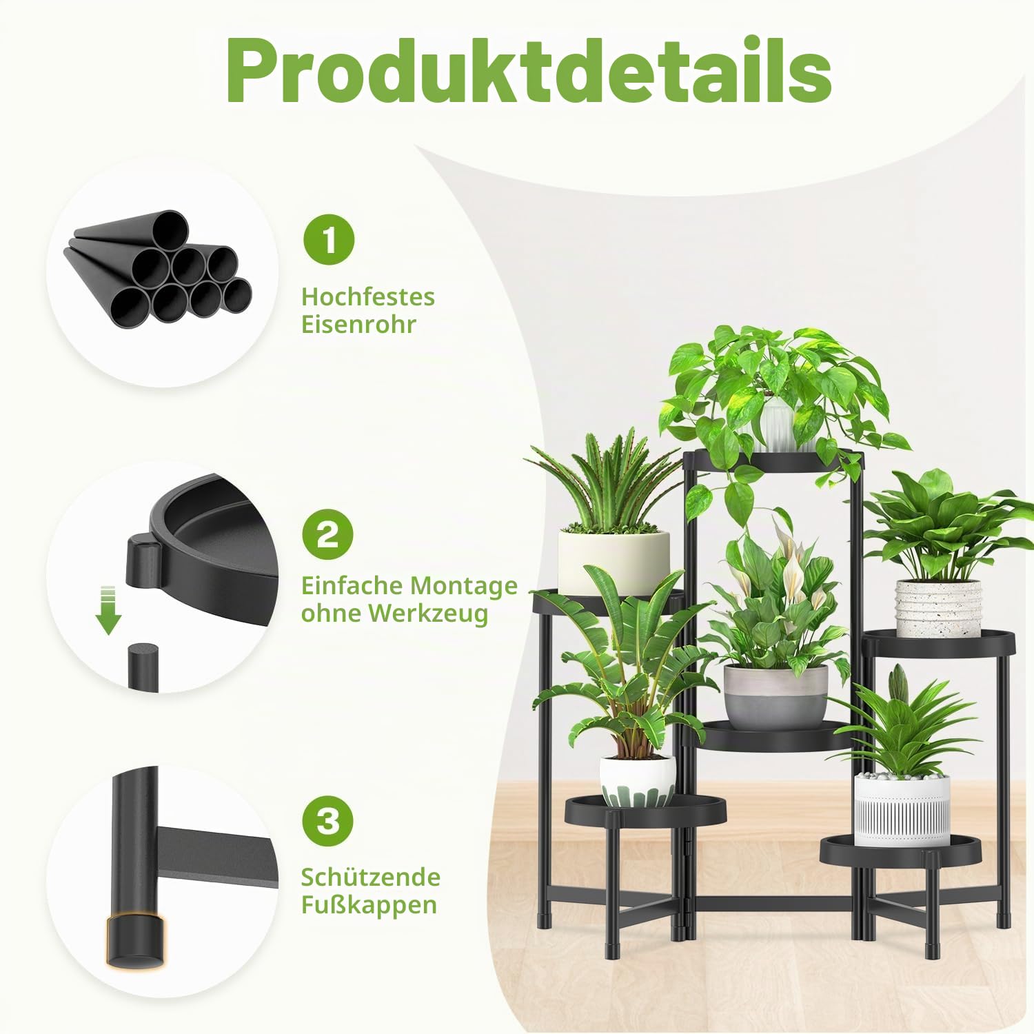 iDavosic.ly Pflanzenständer Plant Stand Metall/Kunststoff, 6 Ebenen Schwarz | Mehrstöckiges Pflanzenregal Blumenständer Blumenregal für Indoor Outdoor Wohnzimmer Balkon Terrasse Garten Hof