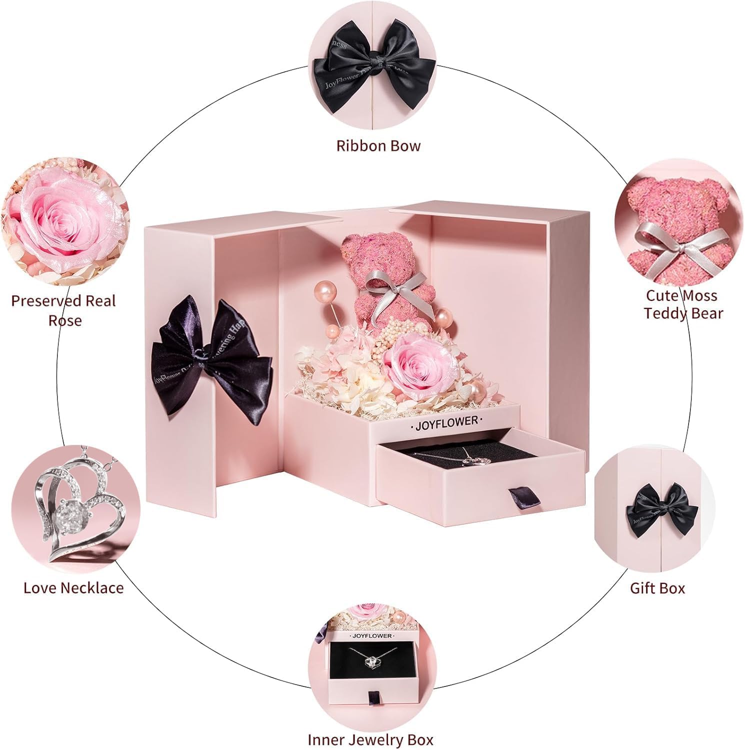 JoyFlower Preserved Flowers Bear with Necklace Gifts for Girlfriend, Unique Pearl Rose Bear Necklace Birthday Gifts for Mom, Eternal Roses Mother's Valentine's Day for Wife Grandma Her - Image 8