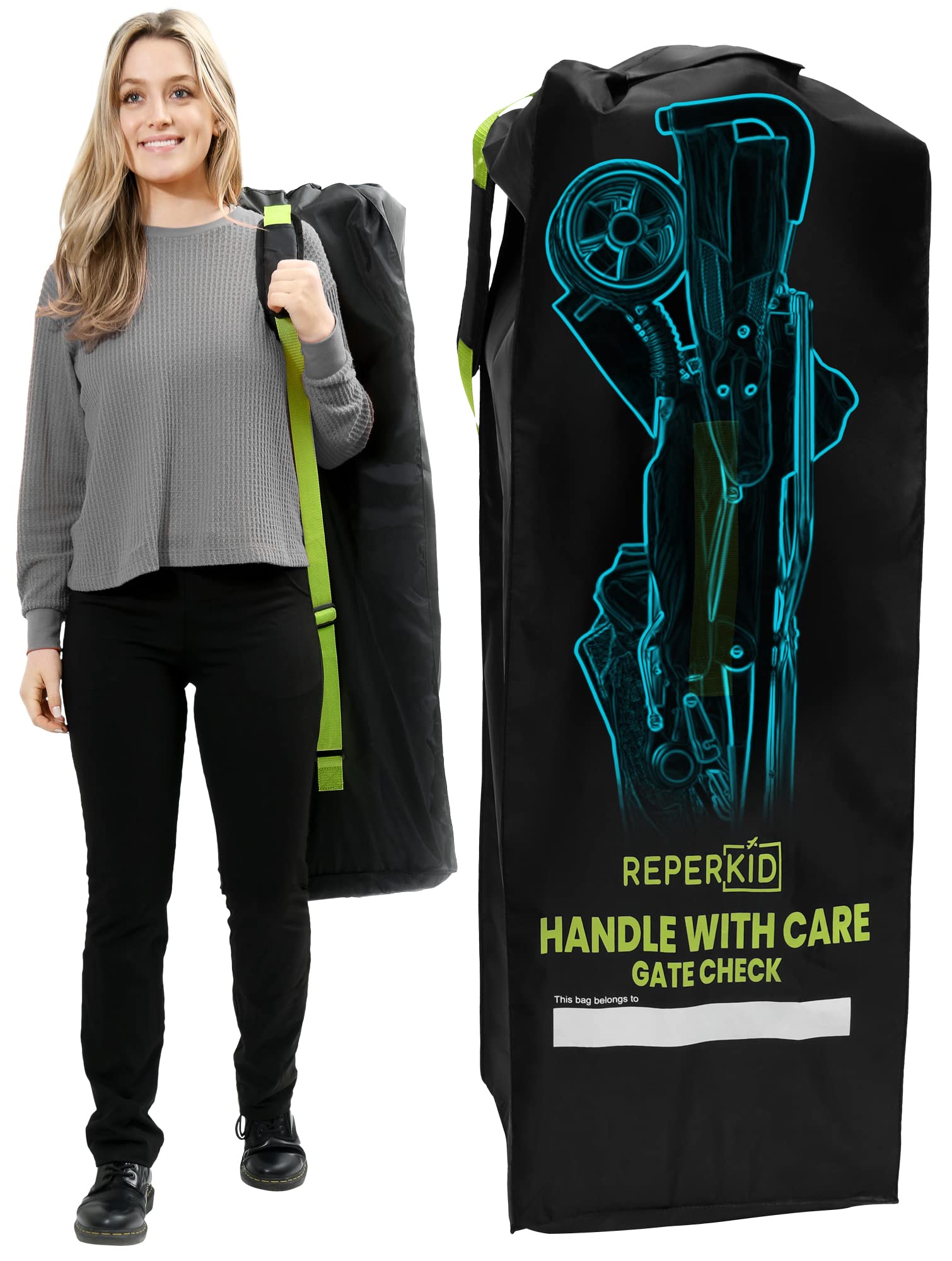 reperkidUmbrella Stroller Bag for Airplane Travel, Black and Green, 47" H x 15" W x 12" D, Fits Most Single and Double Umbrella Strollers – Premium Waterproof Cover, Adjustable Shoulder Strap