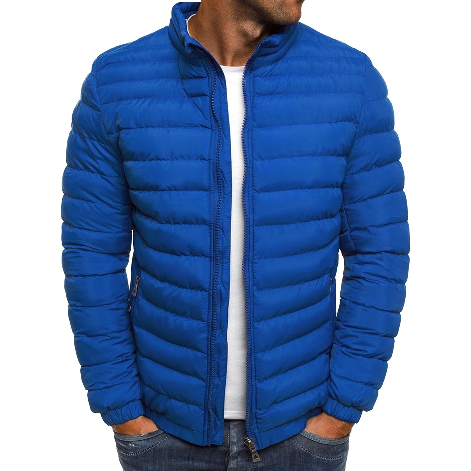 Qolkmuiy-GJ Men's Solid Color Thick Winter Jacket Zip Up Padded Puffer Coat Water Resistant Quilted Down Jackets (Blue,3X-Large)