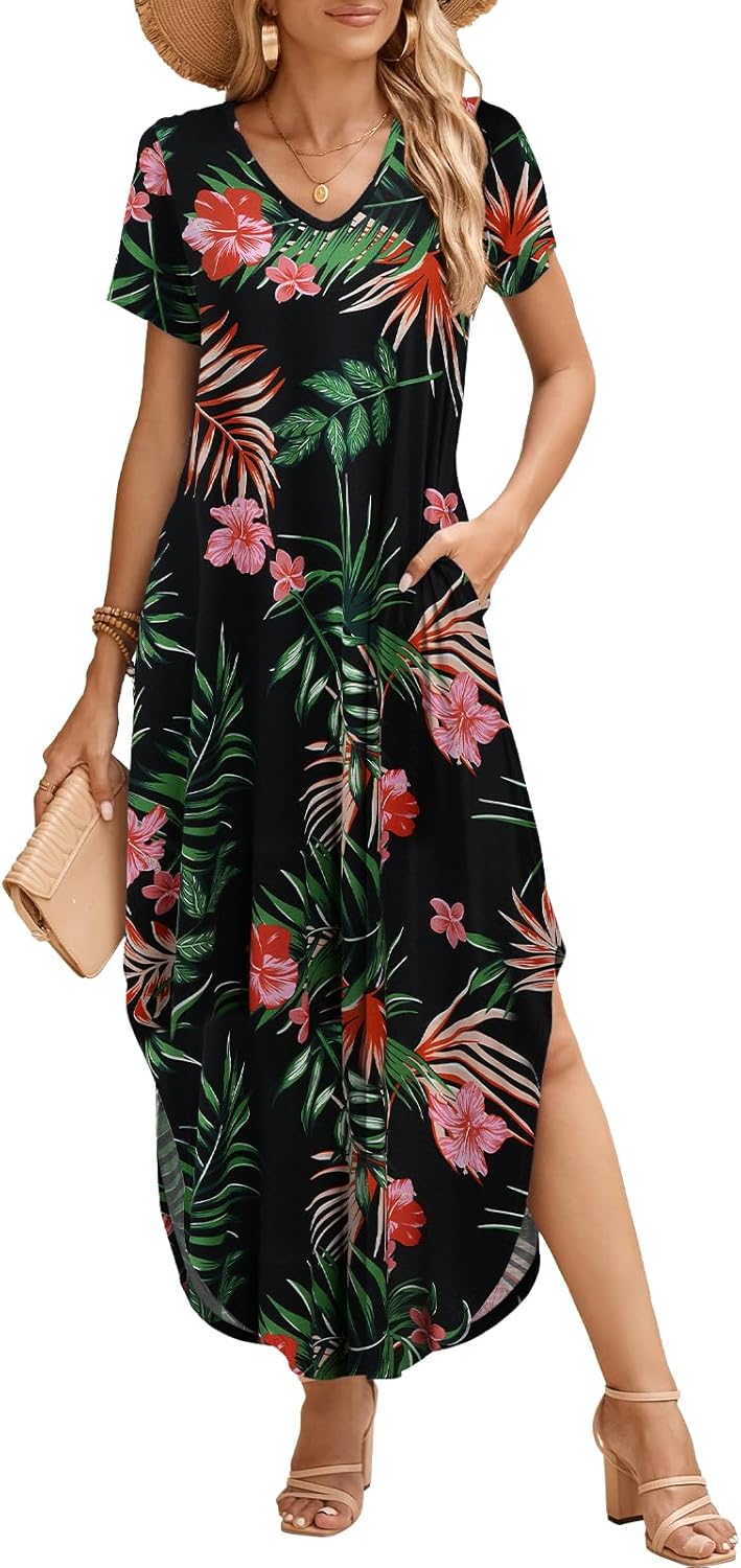 JollieLovin Womens Plus Size Casual Summer Maxi Long Dress Short Sleeve T-Shirt Loose Sun Dress(L-5X)