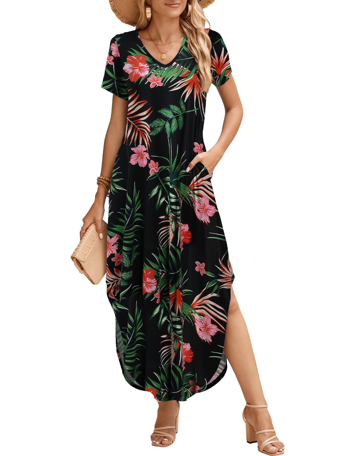 JollieLovin Womens Plus Size Casual Summer Maxi Long Dress Short Sleeve T-Shirt Loose Sun Dress(L-5X)