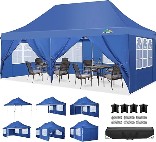 Miniatura 32 de COBIZI Carpa 10x20 Pop Up con paredes laterales, carpa comercial impermeable Ez al aire libre, cenador instantáneo con protección UV 50+ para